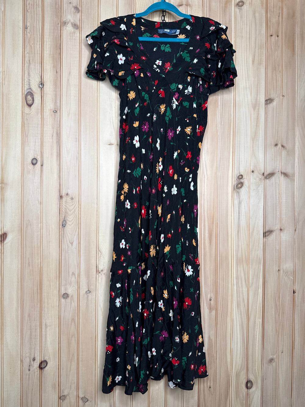 Polo Ralph Lauren Nime Floral Mulberry Silk Crepe Midi Dress Flutter Sleeve Sz 6